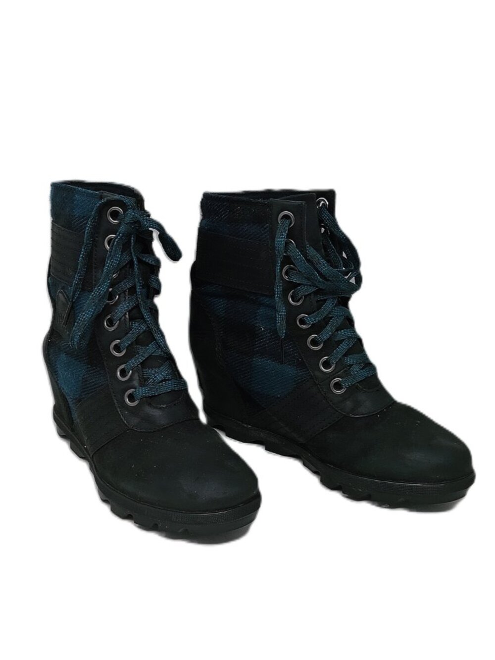 Sorel Black and Dark Teal Lace-Up Wedge Boots